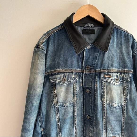 DIESEL Elshar Denim Distressed Jacket Blue Cow Leather Collar Biker - Picture 8 of 15